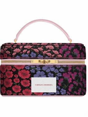 Carolina Herrera Black Floral Top-Handle Vanity Case with Pink Handle